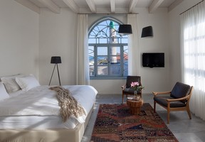 The Efendi Hotel, owned by esteemed chef Uri Jeremias, overlooks the Mediterranean Sea from a hilltop in Acre, at the northern tip of Haifa Bay.