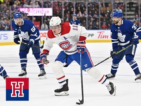 Brendan Gallagher carries the puck ahead of Toronto Maple Leafs forward Michael Bunting and defenseman Timothy Liljegren in the second period at Scotiabank Arena on April 8, 2023