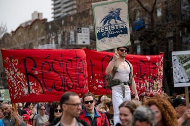 Protesters march during the Earth Day Protest on April 22, 2023, in Montreal.