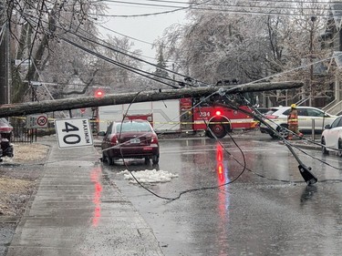 View of the damage following an ice storm in Montreal April 5, 2023 in this image obtained from social media.