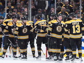 Bruins players celebrate after beating the Washington Capitals 5-2 Tuesday night at TD Garden in Boston to set an NHL record for most points in a season (133) with a 64-12-5 record.