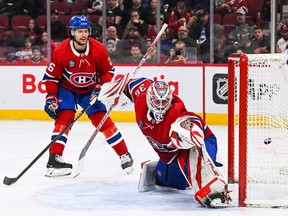 Carolina Hurricanes centre Sebastian Aho (not pictured) scores a goal against Canadiens goalie Sam Montembeault during the second period at Bell Centre in Montreal on Saturday April 2, 2023.
