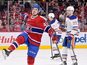 Canadiens' Rafaël Harvey-Pinard celebrates after scoring a goal against the Oilers at the Bell Centre in February.