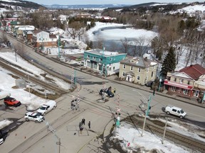 A section of the 500-metre stretch of road where a pickup truck plowed into pedestrians in Amqui, Que., is shown on Tuesday, March 14, 2023. A series of tragic incidents in Quebec has thrown the issue of the suspects' mental health into the spotlight, but a Canada Research Chair holder says the debate risks unfairly stigmatizing those with mental illnesses without improving safety.