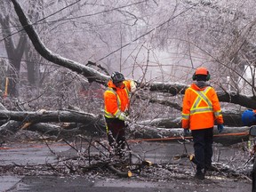 City workers clears fallen branches Thursday, April 6, 2023 after Wednesday's ice storm which left over a million customers without power in Montreal and hundreds of thousands more on the south shore.