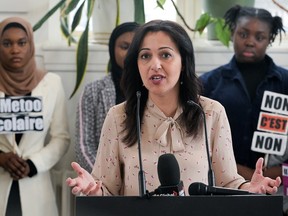Québec solidaire education spokesperson Ruba Ghazal
speaks during a news conference in Montreal, Sunday, April 30, 2023.