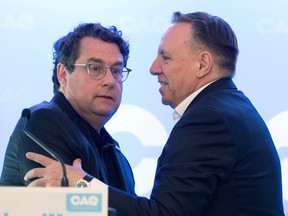 Education Minister Bernard Drainville, left, with Premier François Legault, "tripped all over his own rhetoric" on the issue of Muslim prayer rooms, writes Tom Mulcair.