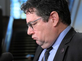 Quebec Education Minister and Levis MNA Bernard Drainville ponders a question after he apologized for the cancellation of the tunnel between Levis and Quebec City, Thursday, April 20, 2023 at the legislature in Quebec City.