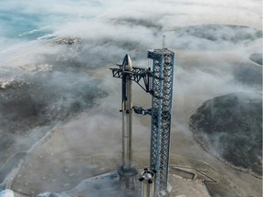 SpaceX Starship's full stack is seen on its launchpad near Brownsville, Tex., on Jan. 9, 2023.