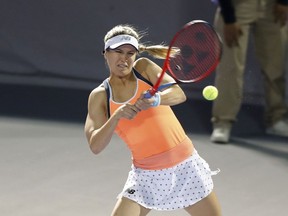 Canada's Eugenie Bouchard hits a return to Sara Sorribes Tormo, of Spain, during the women's final in the Abierto of Zapopan tennis tournament in Zapopan, Mexico, Saturday, March 13, 2021. Bouchard downed Ukrainian Dayana Yastremska 6-7, 6-2, 6-2 on Wednesday to advance to the second round of the Madrid Open clay-court tennis tournament.