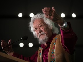 Environmental activist David Suzuki speaks during a rally in Vancouver on Oct. 19, 2019. He is hosting his last episode of The Nature of Things on Friday, April 7, 2023.
