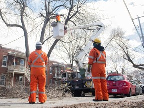 A Hydro-Québec crew works on a power line following the ice storm in Montreal on Friday, April 7, 2023.