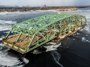 A bird's eye view of the centre span of the original Champlain Bridge in Brossard on Monday January 10, 2022.