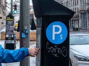 Parking meters in Old Montreal on Monday April 17, 2023 have been updated to the new, longer metered times.