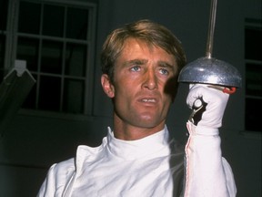 Jim Fox of Great Britain in the fencing discipline of the team Modern Pentathlon at the 1976 Olympic Games in Montreal.