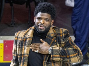 Former Montreal Canadien P.K. Subban acknowledges fans during a tribute to his career prior to National Hockey League game against the Nashville Predators in Montreal Thursday Jan. 12, 2023.