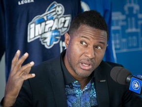 Former Montreal Impact soccer player Patrice Bernier speaks to reporters on Thursday May 4, 2023 before being inducted into the soccer club's Wall of Fame on Saturday at Saputo Stadium..