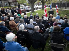 Former MP Marlene Jennings, who succeeded Warren Allmand as MP for Notre-Dame-de-Grâce riding, speaks to the crowd during the ceremony.