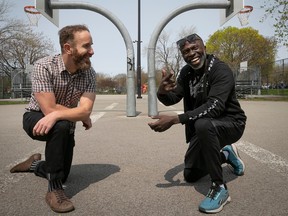 Ted Rutland, left, and Maxime Aurélien, co-authors of Out to Defend Ourselves: A History of Montreal's First Haitian Street Gang, on the basketball courts at Ste-Bernadette Park on Monday May 8, 2023.