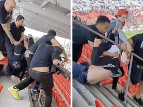 CF Montreal and Toronto FC supporters get into a fight at BMO Field on Tuesday, May 9, 2023.