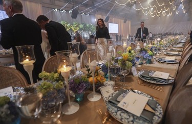 A view of the head table set-up at the Bal des Tannants for the Children's in the Dorval area of Montreal on Friday, May 12, 2023. The event, in which guests were invited to show up with childish accents in their dress as a way to let their 'inner brats' show, was put on by the Montreal Children's Hospital Foundation and held in Starlink Aviation's hangar.