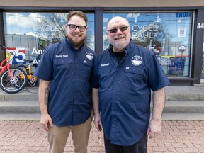 Pierre-Paul Schiltz and his father, Raymond, are seen outside their Cycle Paul shop in Pointe-Claire Village on May 5, 2023.