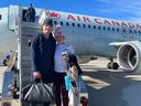 Canadiens defenceman Arber Xhekaj with his mother, Simona, outside the team's charter plane during the annual mothers' trip this season.