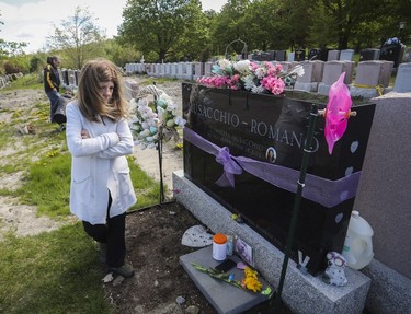 Antoinette Romano visits the gravesite of their daughter Vanessa, who died in 2021, at Notre-Dame-des-Neiges Cemetery on May 14, 2023. Part of the cemetery briefly reopened for Mother's Day.