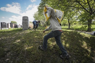 George Sorgente carries earth to plant flowers at the gravesite of his aunt Michelina Cain in the Notre-Dame-des-Neiges Cemetery on May 14, 2023.