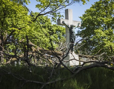 A monument in Notre-Dame-des-Neiges Cemetery on May 14, 2023. While some of the cemetery briefly reopened for Mother's Day, many parts remained closed due to damage from the April 5 ice storm.