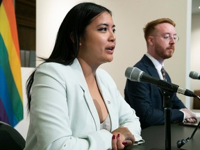 Stephanie Valenzuela speaks at a news conference with Julien Heneault-Ratelle