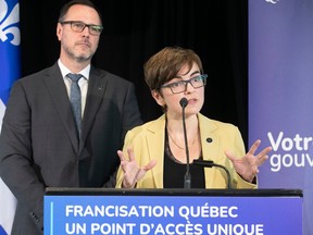 Quebec Immigration Minister Christine Fréchette and French Language Minister Jean-François Roberge announce the creation of new portal called Francisation Québec during press conference in Montreal on Monday, May 29, 2023.