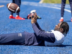 receiver Quartney Davis catches a football while lying on blue turf