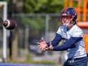 Reciever Greg Ellingson catches a pass during Montreal Alouettes training camp practice in Trois Rivières on Monday May 29, 2023.