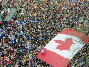 A huge rally for the No side in support of Canadian unity was held at Place du Canada three days before Quebec's 1995 referendum.