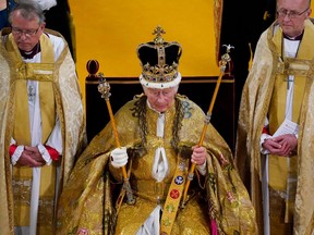 King Charles III after being crowned during his coronation ceremony in Westminster Abbey, on Saturday, May 6, 2023, in London.