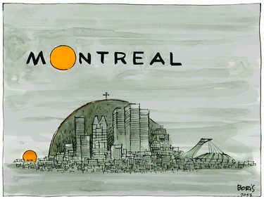 cartoon shows montreal skyline under heavy smog, the O in montreal is an orange sun
