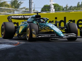 Aston Martin's driver Lance Stroll of Montreal races during the qualifying session for the 2023 Miami Formula One Grand Prix at the Miami International Autodrome in Miami Gardens, Fla., on Saturday, May 6, 2023.