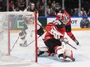 Canada goalkeeper Samuel Montembeault makes a save during the IIHF World Hockey Championship final match between Canada and Germany in Tampere, Finland, on May 28, 2023.