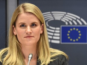U.S. whistleblower and former Facebook engineer Frances Haugen gives a testimony on the negative impact of big tech companies products on users, at the European Parliament in Brussels, on November 8, 2021.