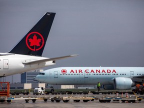 Air Canada planes are seen parked at Toronto's Pearson Airport.