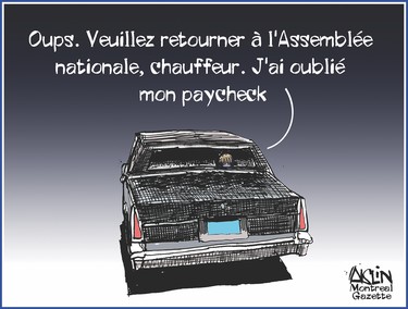 illustration shows a person in a black car saying in French, "take me back to the national assembly, I forgot my paycheque"
