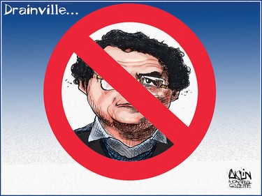 Editorial illustration of Bernard Drainville's face behind crossed out circle