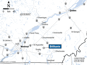 Map showing location of Béthanie in southern Quebec