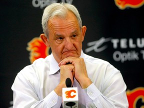 Calgary Flames head coach Darryl Sutter speaks to media on April 12, 2023. He was fired on May 1, with Flames' president of hockey operations Don Maloney saying he wasn't giving players a voice.