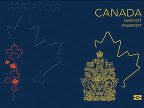 The cover and back page of the the newly unveiled Canadian passport, featuring a polycarbonate data page and embedded electronic passport chip, is seen in a design reproduction on its release in Ottawa on May 10, 2023.