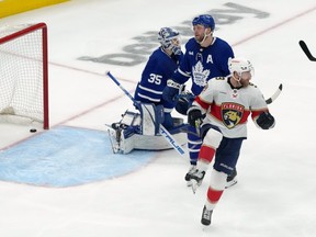 Panthers centre Sam Bennett celebrates after beating Leafs goaltender Ilya Samsonov during second-round playoff action in Toronto.