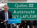 Quebec Premier François Legault announces Highway 50 will be named after hockey legend Guy Lafleur during an official ceremony, Thursday, May 4, 2023 in Thurso.