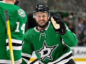 Dallas Stars left wing Jamie Benn (14) and right wing Evgenii Dadonov (63) celebrate a goal scored by Dadonov against the Seattle Kraken during the second period in Game 2 of the second round of the 2023 Stanley Cup Playoffs at American Airlines Center in Dallas on May 4, 2023.