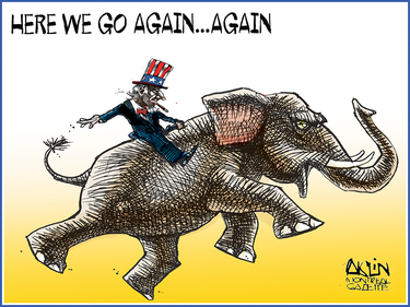 Cartoon of a Joe Biden-y character riding an elephant with the text "Here we go again...again" on top